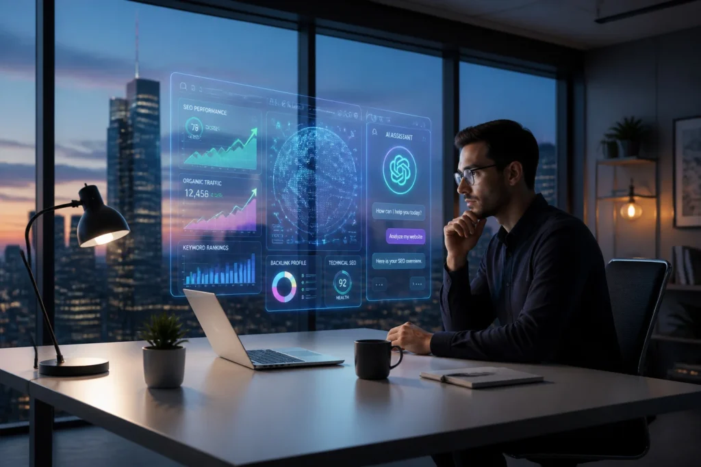 Expert seo travaillant avec ia holographique