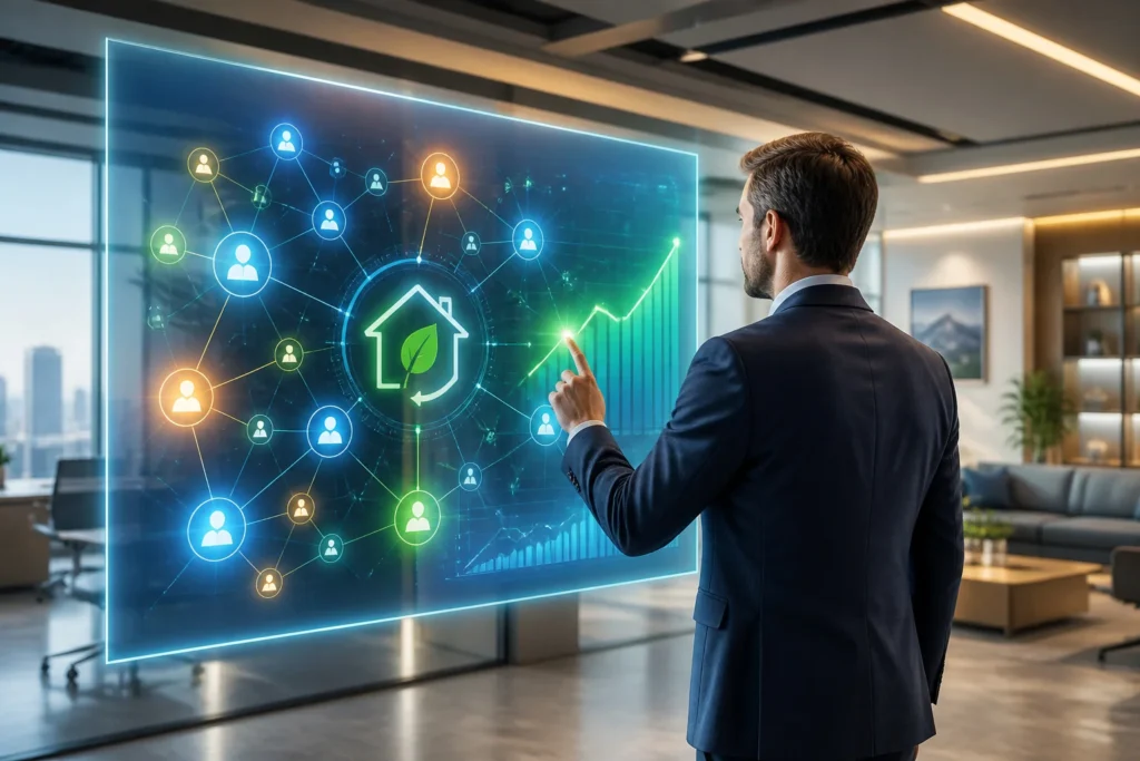 Professionnel analysant un ecran holographique