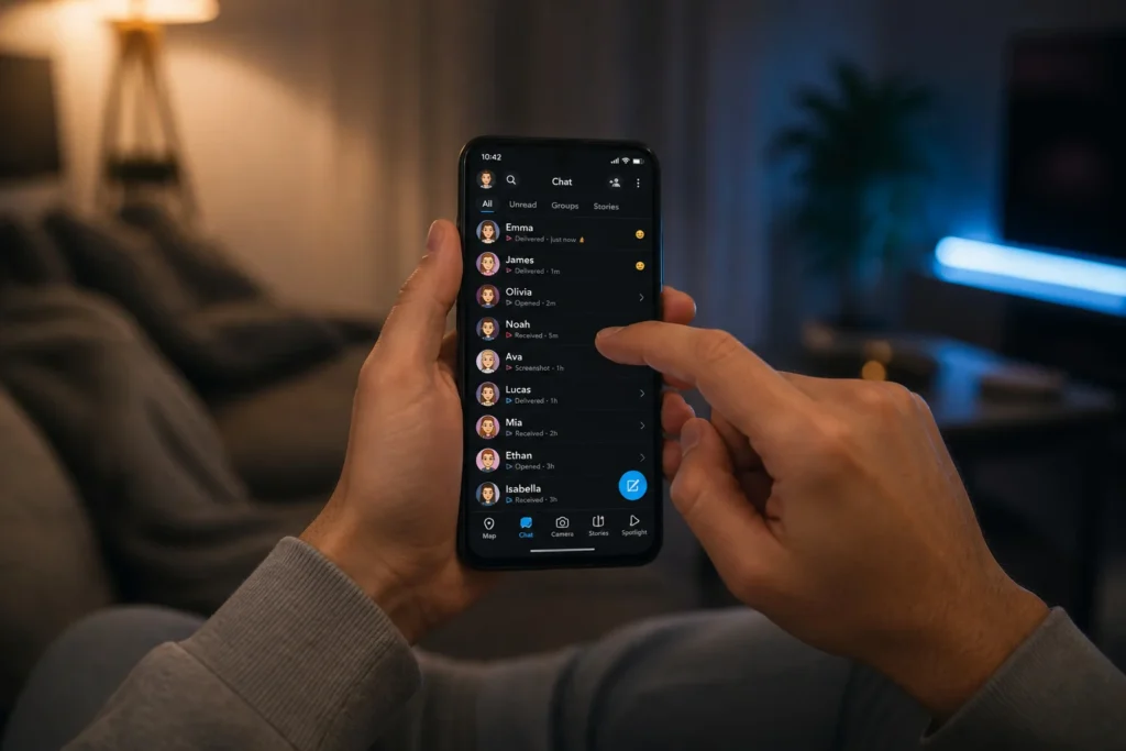 Mains utilisant un smartphone en mode sombre
