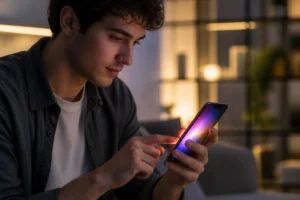 Jeune adulte captive par son smartphone