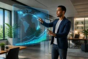Homme interagissant avec une interface holographique